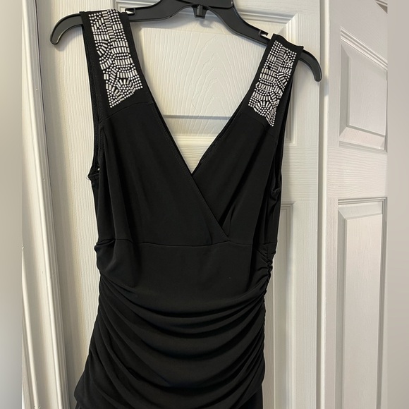 Black stretch material pants suit with shoulder embellishments - Picture 3 of 4